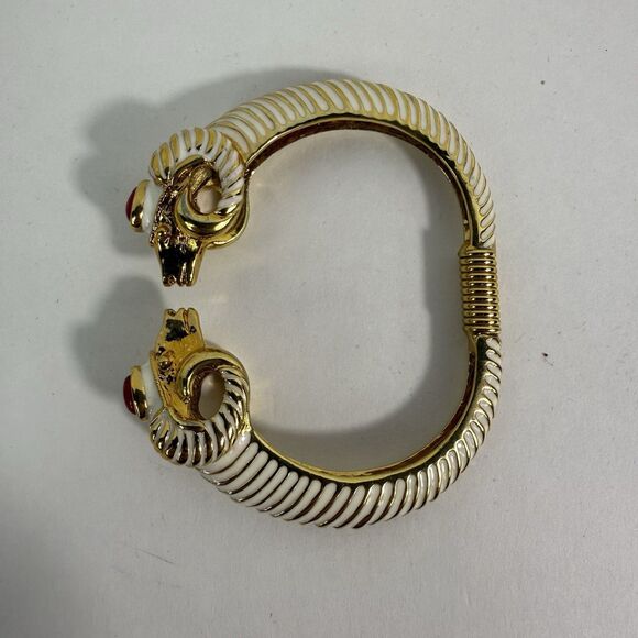 Kenneth Jay Lane, Enamel White Red Jeweled Double Ram Head Bracelet - Picture 4 of 16